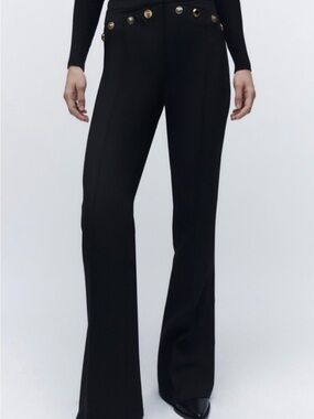 Zara High-Waist Flare Pants with Accent Metal Buttons